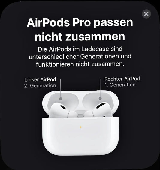 Fehlermeldung "AirPods Pro passen nicht zusammen" beim Koppeln von AirPods Pro ist oft fehlerhaft