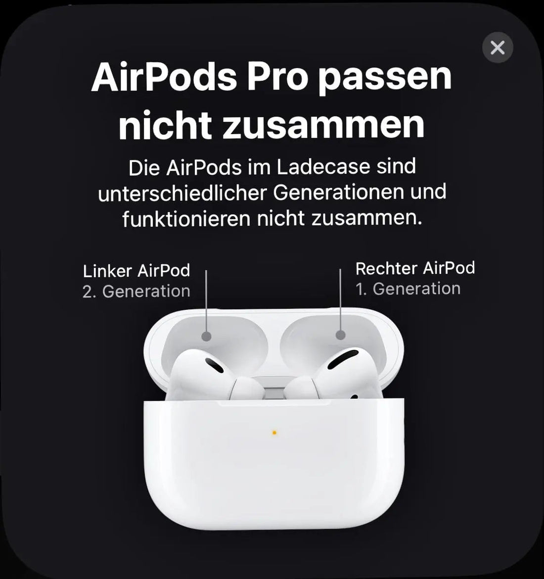 Fehlermeldung "AirPods Pro passen nicht zusammen" beim Koppeln von AirPods Pro ist oft fehlerhaft